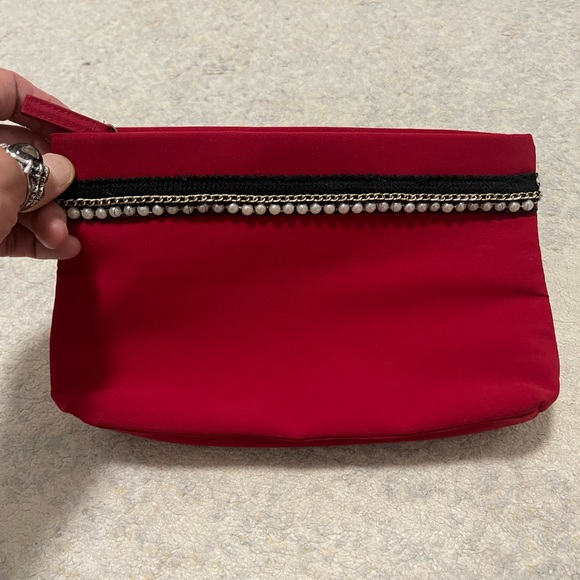 EUC Size Medium Lancôme Pearl Decorative Top-zip Makeup Case/Cosmetic Bag In Red - Picture 3 of 9